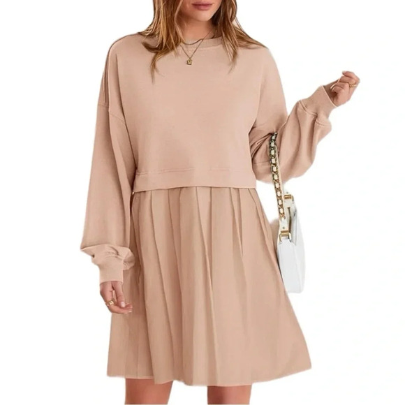 PRETTY GARDEN Women’s Long Sleeve Ok Pleated Patchwork  Pullover Mini Dress - Picture 5 of 9